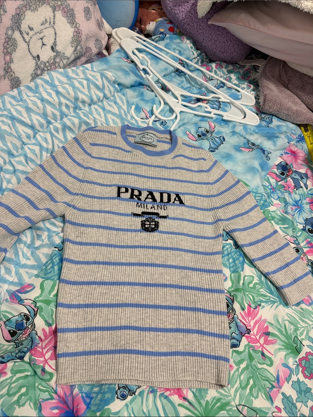 Prada stretch Cream Crewneck Sweater with Light Blue Stripes size 38- S-M